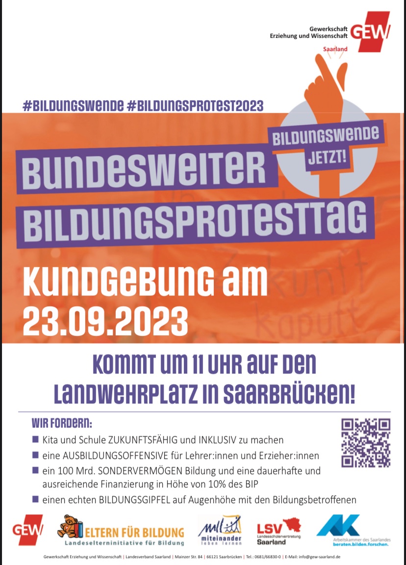 Foeted2021's tweet photo. KOMM am 23.09. zur Demo zum Bildungsprotesttag in Saarland 
#Bildungsprotest2023 und/oder #Bildungswende https://t.co/qcsU5Ix2AK