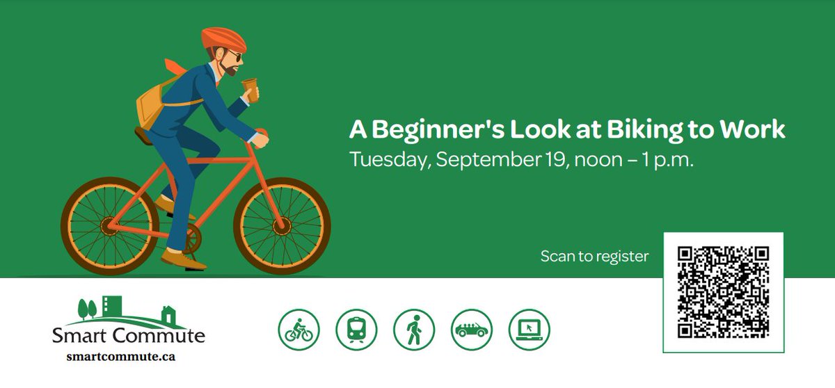 We have another FREE webinar tomorrow! 

Learn about the benefits of biking, how to get started, and what to bring with you!

Plus, there will be a prize draw for attendees at the end of the webinar, so be sure to stick around! Register at york.ca/smartcommute