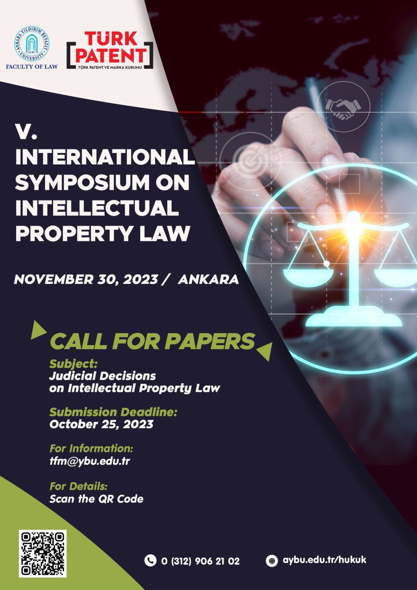 Dear followers; <a href="/aybuhukukf/">AYBÜ Hukuk Fakültesi</a> and <a href="/TURKPATENT/">Türk Patent ve Marka Kurumu</a> will organize the "V. International Symposium on Intellectual Property Law" on November 30, 2023.
The symposium is open to all practitioners, academicians, and researchers, and participation is free of charge.
#IntellectualProperty