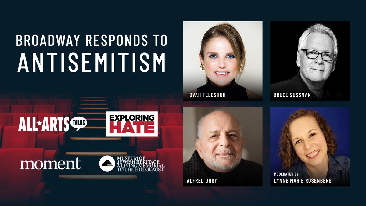 🎭Tonight at 7 pm an @AllArtsTV @exploringhate Broadcast Premiere! @TovahwithaV, @paradebway's Alfred Uhry, 2023 @TheTonyAwards winner and Harmony's @bruce_sussman talk about art, #antisemitism and #broadway's response. 📺How to watch: allarts.org/everywhere/