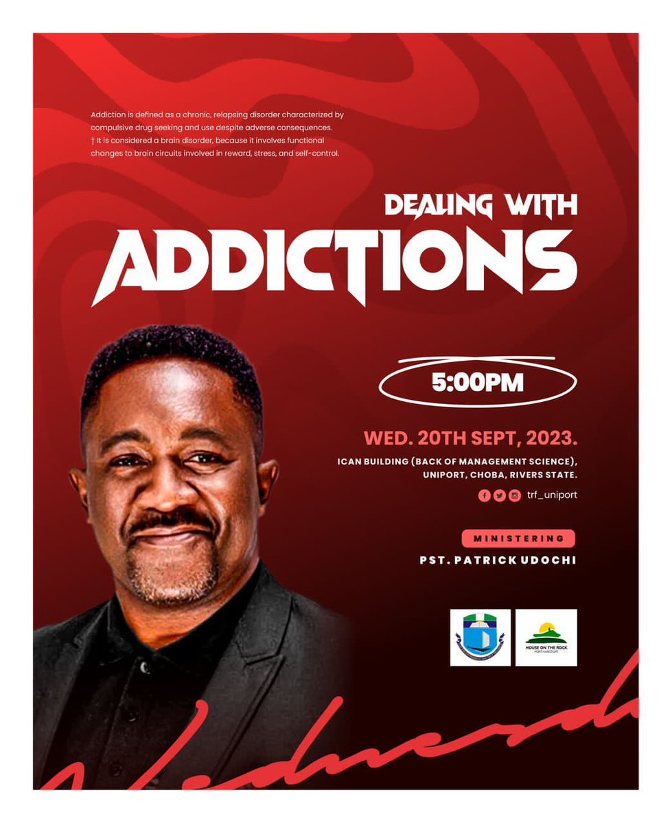 Being addicted is equivalent to being trapped somewhere.

 it is Promising to say you can go out too.
 The Key is given to you!!!
WEDNESDAY WOULD TELL YOU HOW  
Don't come alone.
Don't be late☺️
Time: 5:00pm
Venue: ICAN Hall behind Senate building.

 #TRF_Uniport #TRFuniport
 #T