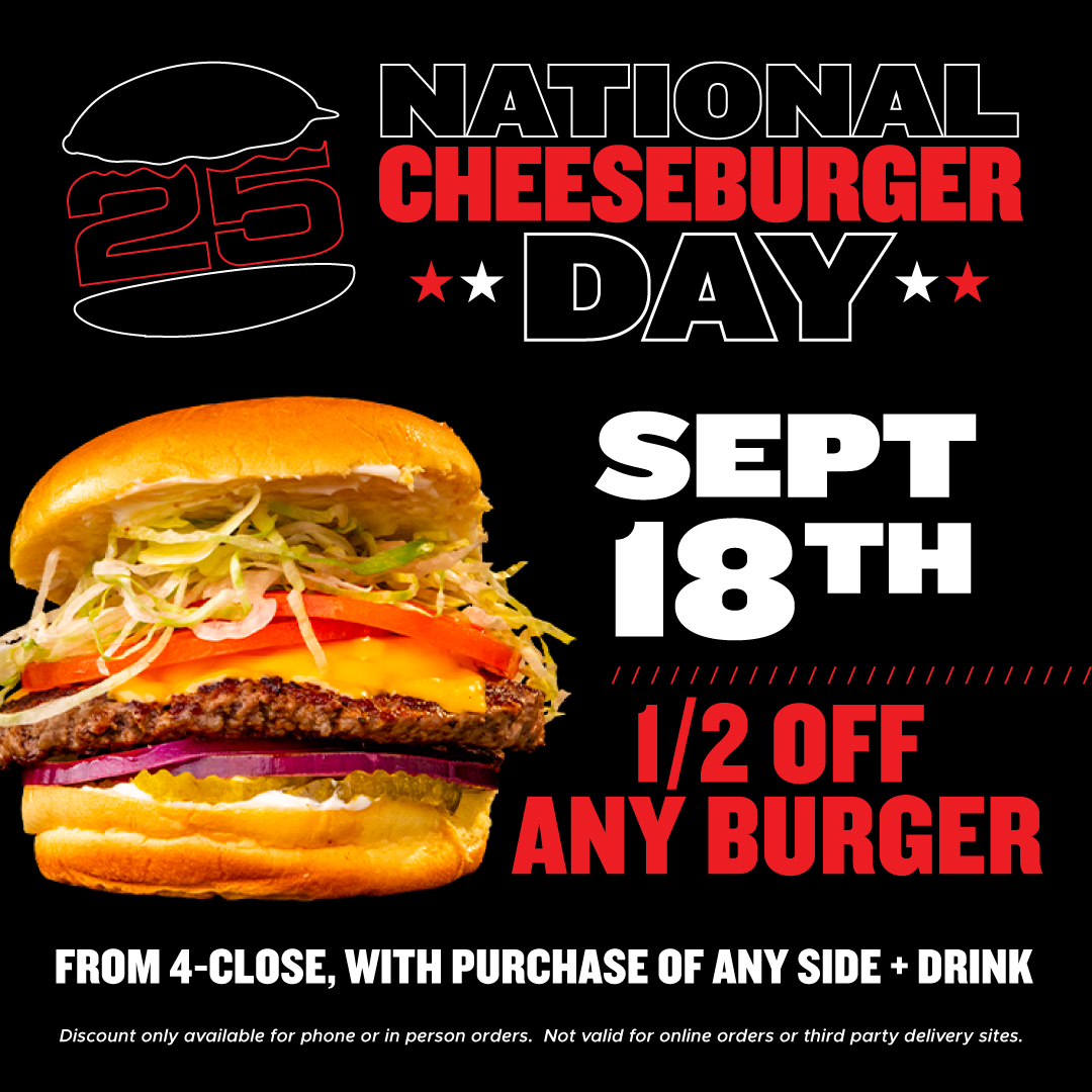 Burger_25's tweet photo. 🍔🎉 Celebrate National Cheeseburger Day with us! Burgers are 1/2 price TODAY from 4 PM 'til closing time (with purchase of any side + drink). Bring your appetite and your friends! 🙌

#Burger25 #EatLocal #NationalCheeseburgerDay https://t.co/3PRJqjZR84