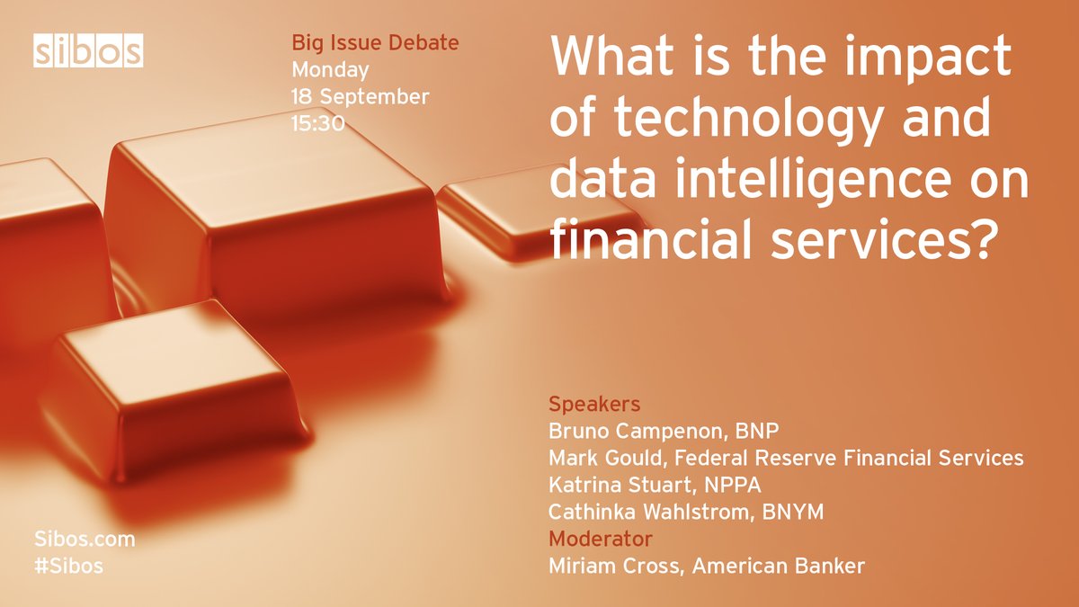 Big Issue Debates are back! See Bruno Campenon, Mark Gould, Katrina Stuart and <a href="/CEWahlstrom/">Cathinka Wahlstrom</a> debate the impact of data intelligence on financial services, moderated by <a href="/MiriamSCross/">Miriam Cross</a>! Read our preview on Big Issue Debates taking place at #Sibos. #finance okt.to/Tm1YlR