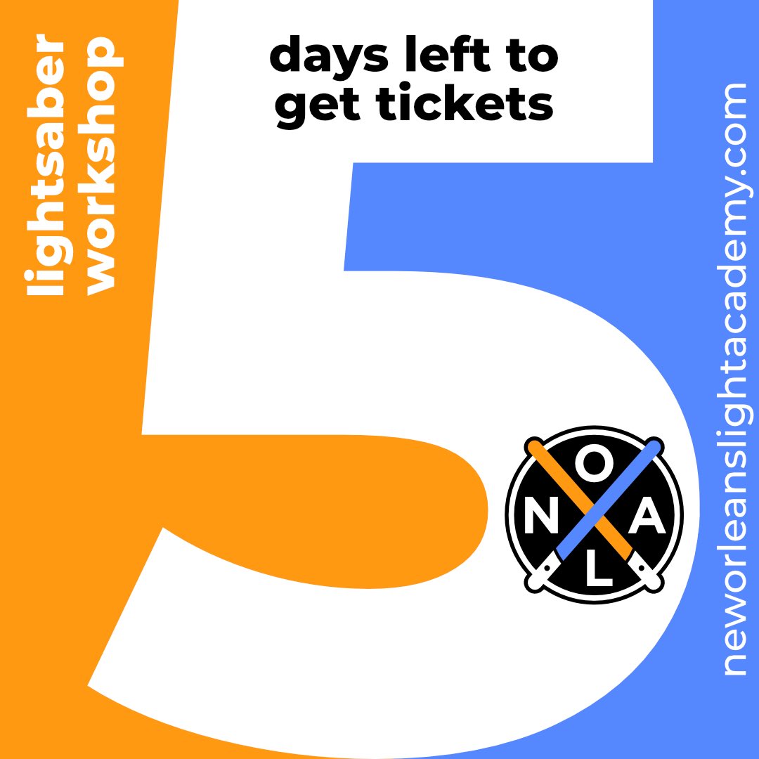 popefish's tweet photo. 5 DAYS TO GO!

New Orleans Light Academy
September Lightsaber Workshop

September 23, 2023, 
from 7:30 p.m. - 9:00 p.m.

$30 per participant
Ages 7+

#StarWars #lightsabers #NewOrleans #nola https://t.co/emJKN8i40S