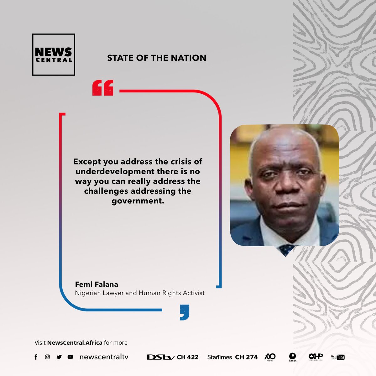 NewsCentralTV's tweet photo. Nigerian Lawyer and Human rights activist Femi Falana shares his thoughts on burning issues in Nigeria here on #PoliticsHQ with
@Gbenga_Aborowa
Watch LIVE: 📺: DSTV CH 422, Startimes CH 247, AVO CH 23
Subscribe: https://t.co/rJcgTPHuWB
#NewsCentral #AfricaFirst #Africa https://t.co/oMJIXCguA5