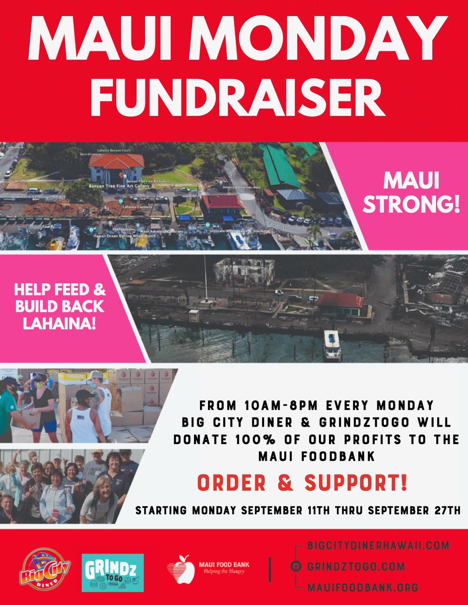 PLEASE JOIN US EVERY MONDAY from 10am-8pm to SUPPORT our "MAUI🩷MONDAY" FUNDRAISER as we will DONATE 100% of our profits to the <a href="/MauiFoodBank/">Maui Food Bank</a> *Join us at <a href="/BigCityDiner/">Big City Diner</a> at <a href="/KailuaNEWS/">KailuaNEWS 🇺🇦</a> <a href="/WindwardMall/">Windward Mall</a> #Pearlridge &amp; @WaipioCenter -HELP FEED our MAUI NEIGHBORS!