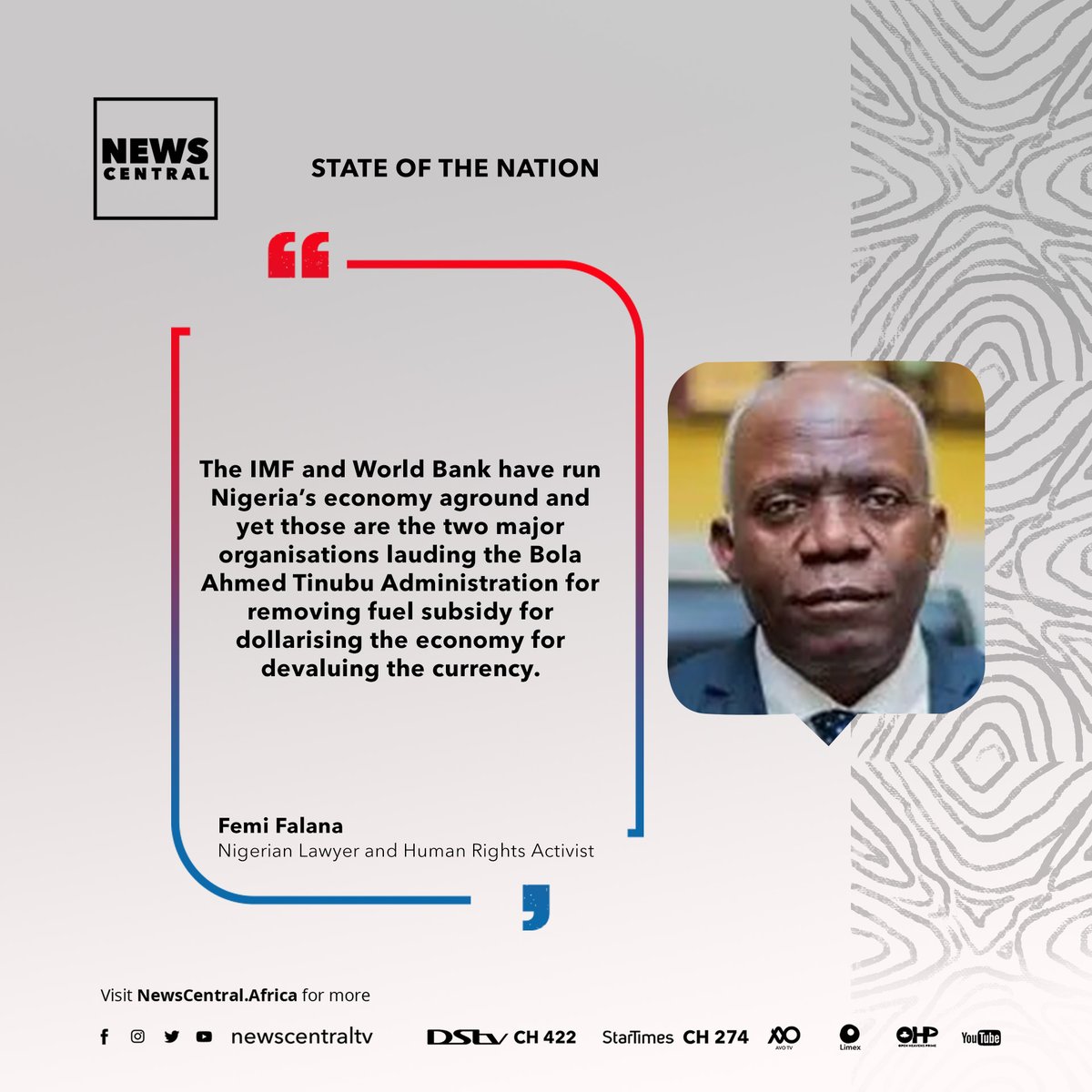 NewsCentralTV's tweet photo. "Those who are responsible for the high level of criminality in our country are very powerful, and most of the time they control the government..." _ Femi Falana, Nigerian Lawyer and Human rights activist, speaks on #PoliticsHQ with @Gbenga_Aborowa
#NewsCentralTV #AfricaFirst https://t.co/sSsZtsnwCV