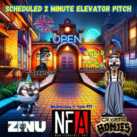 NFA_Inc's tweet image. NFA x ZINU 2 MINUTE ELEVATOR PITCH
🗓️ 9.20.23 @ 4pm PST

🎙️ Join @SidneyRichlin @morethenhype @CarltonHershey @CRYPTOHOMIES_ @worldoftings @OG_Ape_Club Wednesday!

It’s a challenge! And we always have a blast! See hou there!