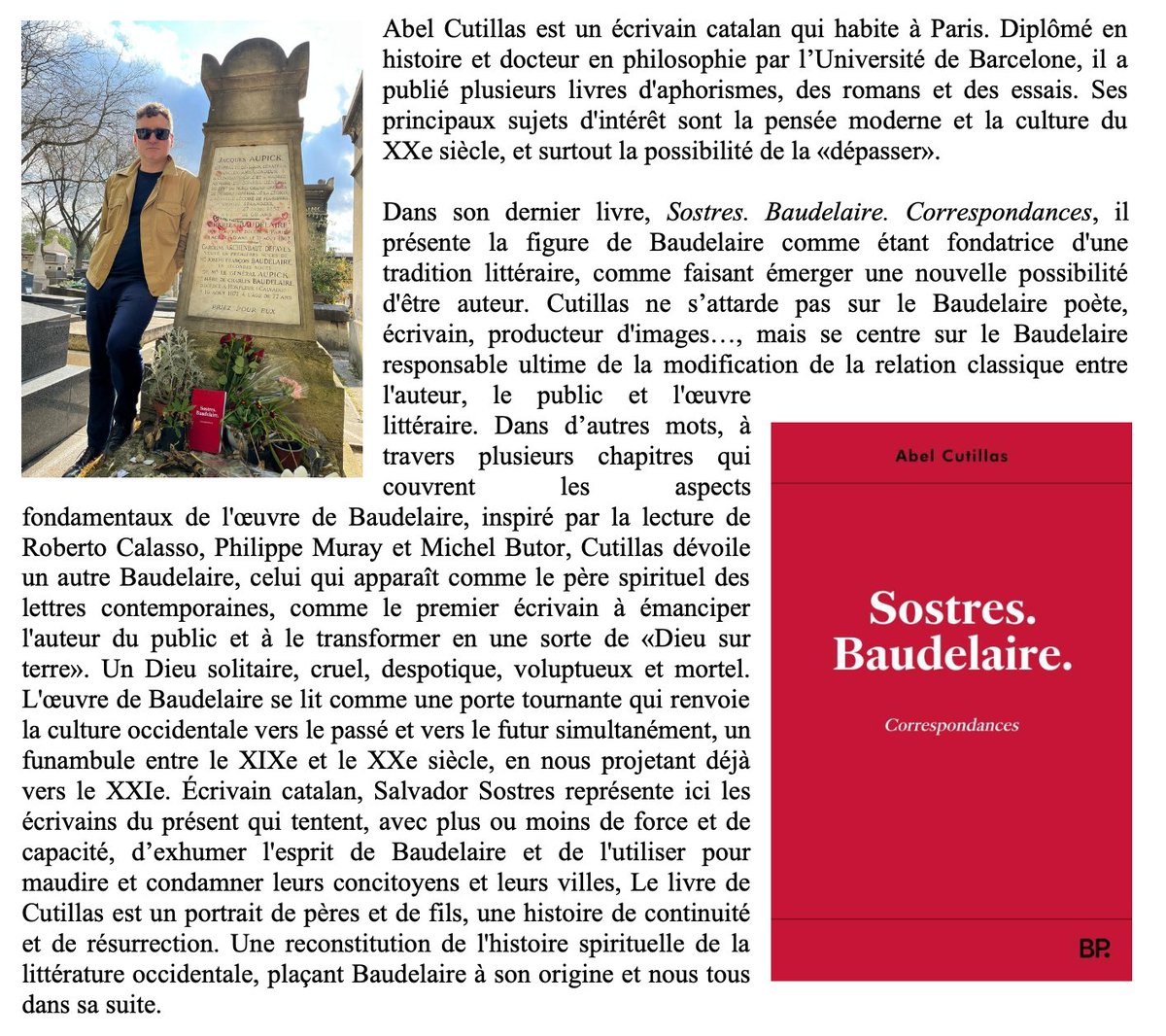 Présentation du livre "Sostres. #Baudelaire. Correspondances" d'<a href="/Abel_Cutillas/">Abel Cutillas</a> à Paris. Jeudi à 19 heures à L'Harmattan (Espace 4 Vents). Avec la professeur <a href="/RoserPPCC/">Roser Cussó (profil personnel)</a>, l'éditrice <a href="/dianacoromines/">Diana Coromines</a> et l'auteur👇