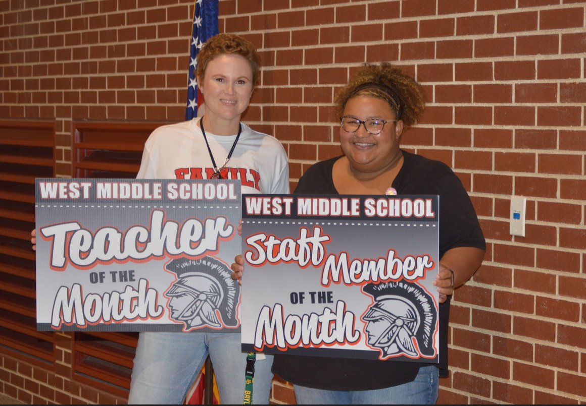 Congratulations to our WMS Teacher of the Month, Coach Alyssa Biles and to our WMS Staff Member of the Month, Mrs. Nikki Betts! Our Trojan Family is so blessed by both of these ladies every day! Thank you for all that you do for the students and staff of West Middle School!