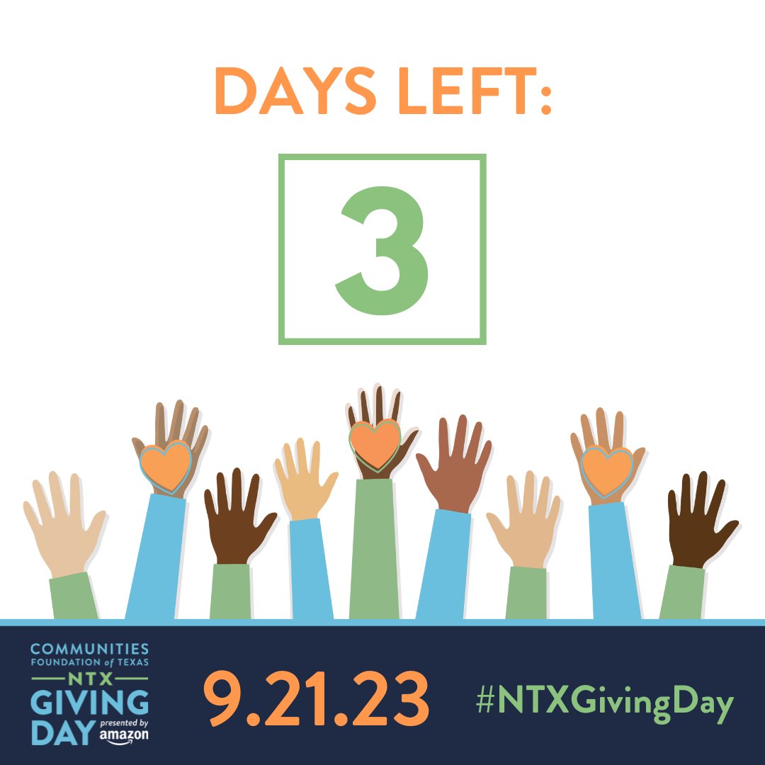 Only 3 days left until North Texas Giving Day! Join us as we come together to make a difference. 

You can make your #NTXGivingDay2023 gift early now until September 20! Let's make this year's Giving Day unforgettable! 💙 

ow.ly/KLf650PMYgo

#FindYourPassionGiveWithPurpose