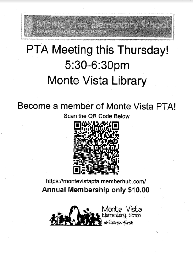 PTA meeting this Thursday from 5:30-6:30 in the Monte Vista Library!