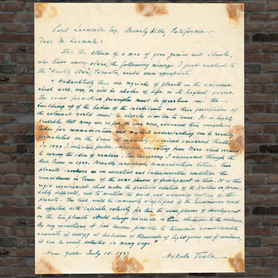 GHRRauctions's tweet photo. Hey @elonmusk - Wouldn't this authentic Handwritten &amp; Signed Letter from NIKOLA TESLA regarding Extraterrestrial Life on #Mars look amazing on one of your #Tesla #SpaceX office walls?

Give us a call @ (212) 750-7900 or submit a bid 
https://t.co/OKwxJa2Pv2
Everyone please RT https://t.co/Rh14pmT1d7