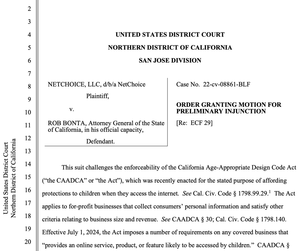 CarlSzabo's tweet photo. BREAKING: California's social media ban blocked!!

Judge just granted NetChoice it's preliminary injunction in NetChoice v Bonta

Case is based on the unconstitutional nature of California's so called "Age-Appropriate Design Code" - AB 2273

Parents are the best deciders of what is appropriate for their families and their children -- not the state of California