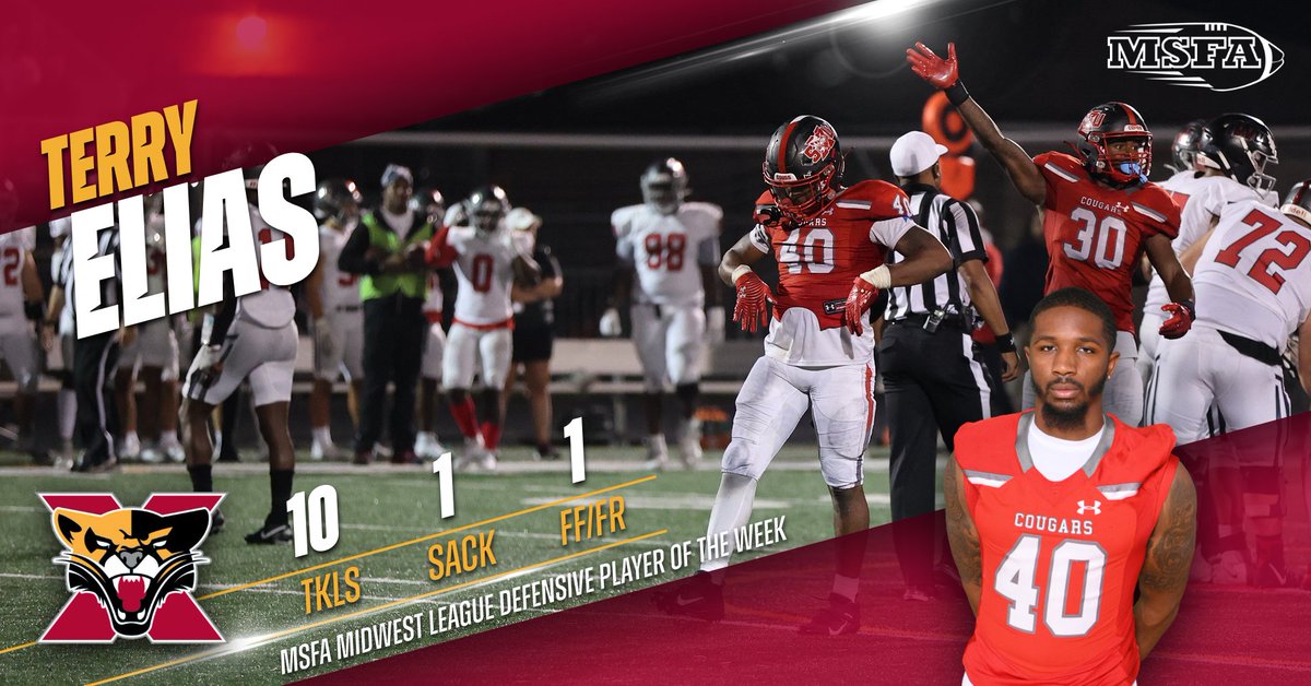 Congrats to Terry Elias from <a href="/SXUFootball/">SXU Football</a> on being named the MSFA Midwest League Defensive Player of the Week! #GoCougs🐾🏈 #WeAreSXU