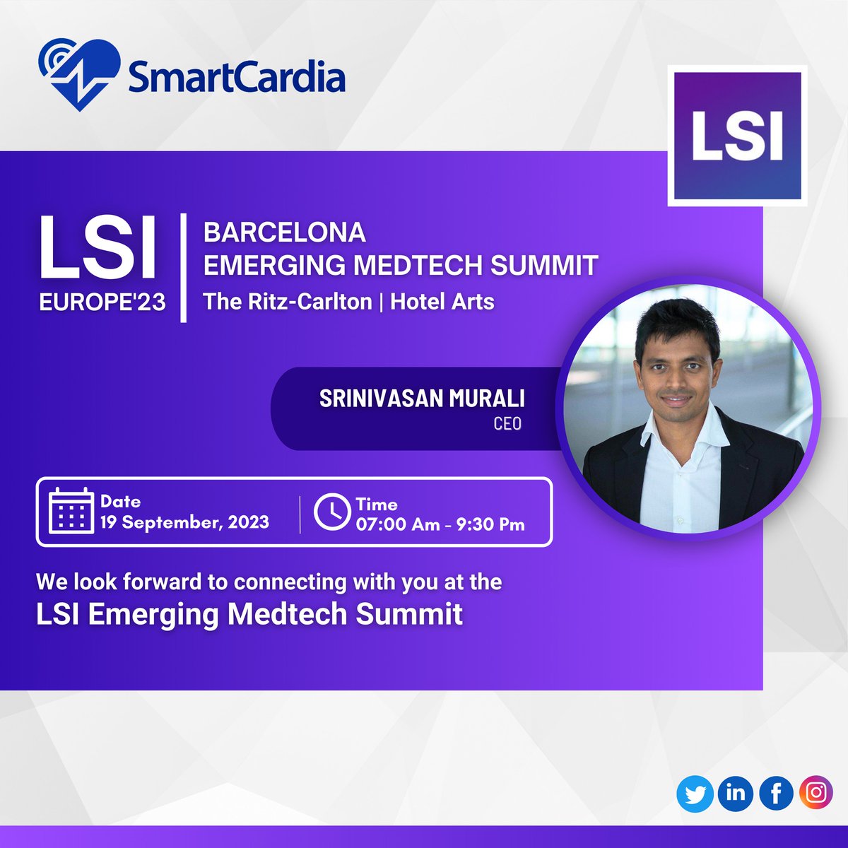 smartcardia's tweet photo. Our team is excited to announce our participation in the LSI Emerging Medtech Summit today!
Stay tuned for more information! https://t.co/bY9K6I831k
#LSI #medtechinnovation #networking #eventplanner #medicaldevicesales #lsieurope23 #lsialumni #medtech #lifesciences https://t.co/0qWZEVq1rT