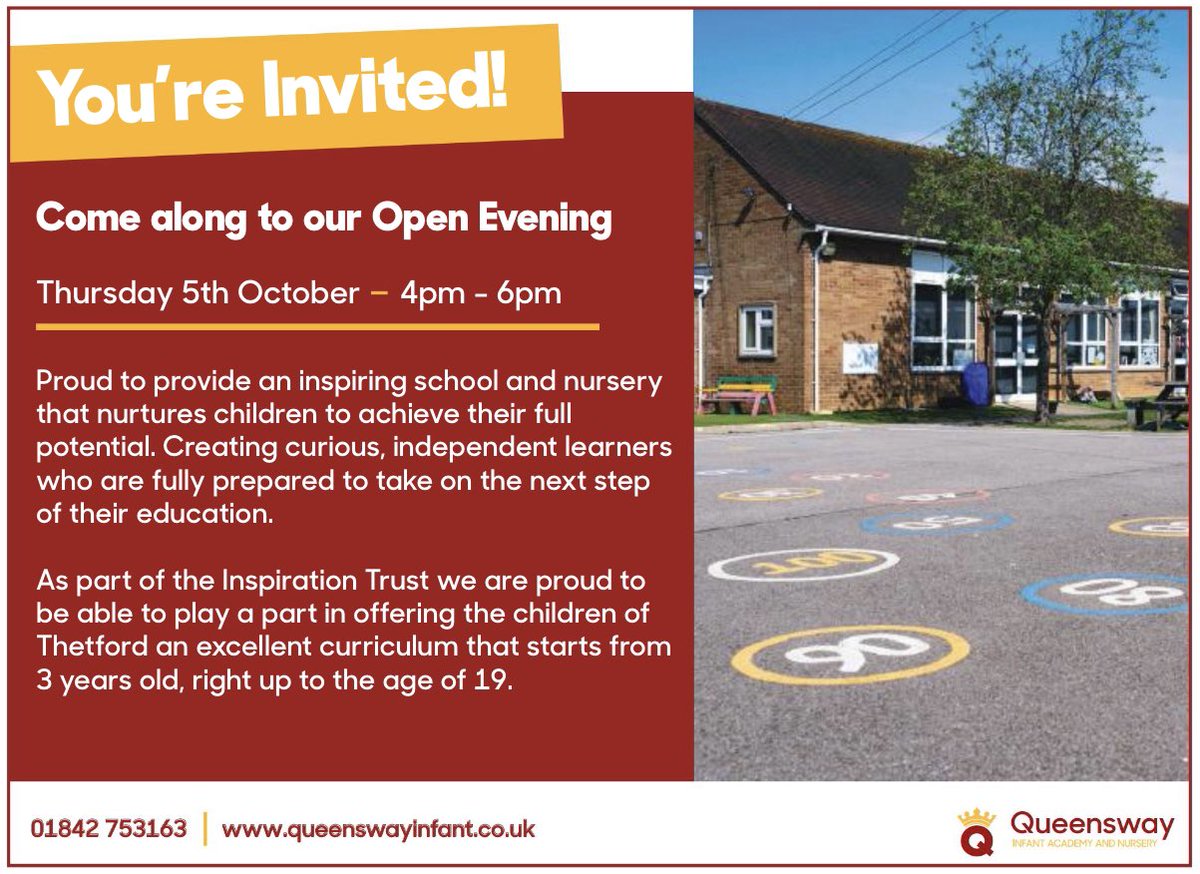 Queensway Infant School is having an open evening Thursday 5th October between 4pm-6pm!
