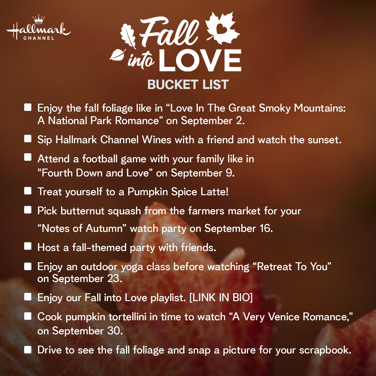 What are you crossing off next from your #FallIntoLove Bucket List, #Hallmarkies? 🪣📝 Reply below! 👇