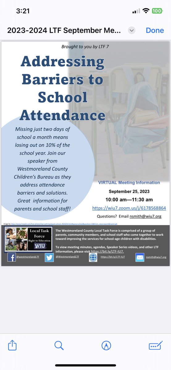 GLPupilServices's tweet photo. Join the @WIU07 @WestmorelandLTF to discuss “Barriers to School Attendance” and learn how families and schools can work together to support students. Sept 25, 10-11:30. https://t.co/dvUVlyaEcp https://t.co/6cm0kCuNYf