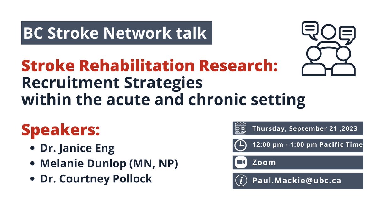 Mark your calendar for the BC #Stroke Network recruitment strategies talk this Thursday, September 21st 12 pm Pacific Time! Join Zoom Meeting - ubc.zoom.us/j/61552626280?… Meeting ID: 615 5262 6280 Passcode: 163219 @PI_Mackie @GFStrongRRP #strokeresearch #StrokeRehab #CanStroke