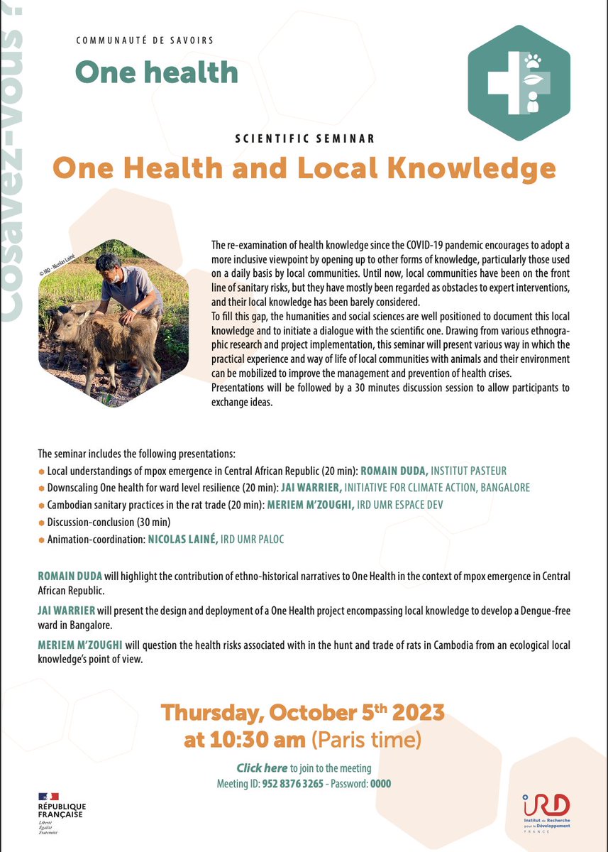 Join us on October 5th for the seminar 'One Health and Local Knowledge'
@ird_fr 
#Cosav  #OneHealth