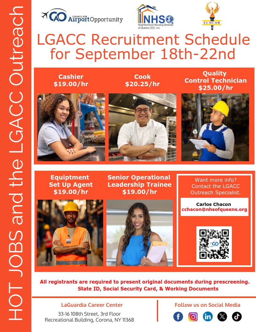 Are you looking for a new career opportunity at LaGuardia Airport? We have some exciting positions available for you, such as Cook, Cashier, Equipment Set Up Agent, and more. Please send your resume to cchacon@nhsofqueens.org 
#jobs #laguardiaairport  #AirlinesJobs #jobsairlines