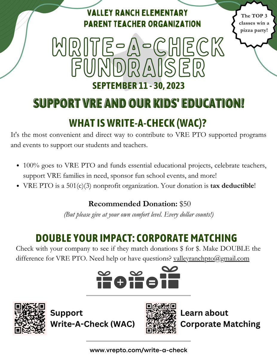 VRE Parents, Family, & Friends! Don't forget our annual Write-A-Check fundraiser is happening right now until September 30!