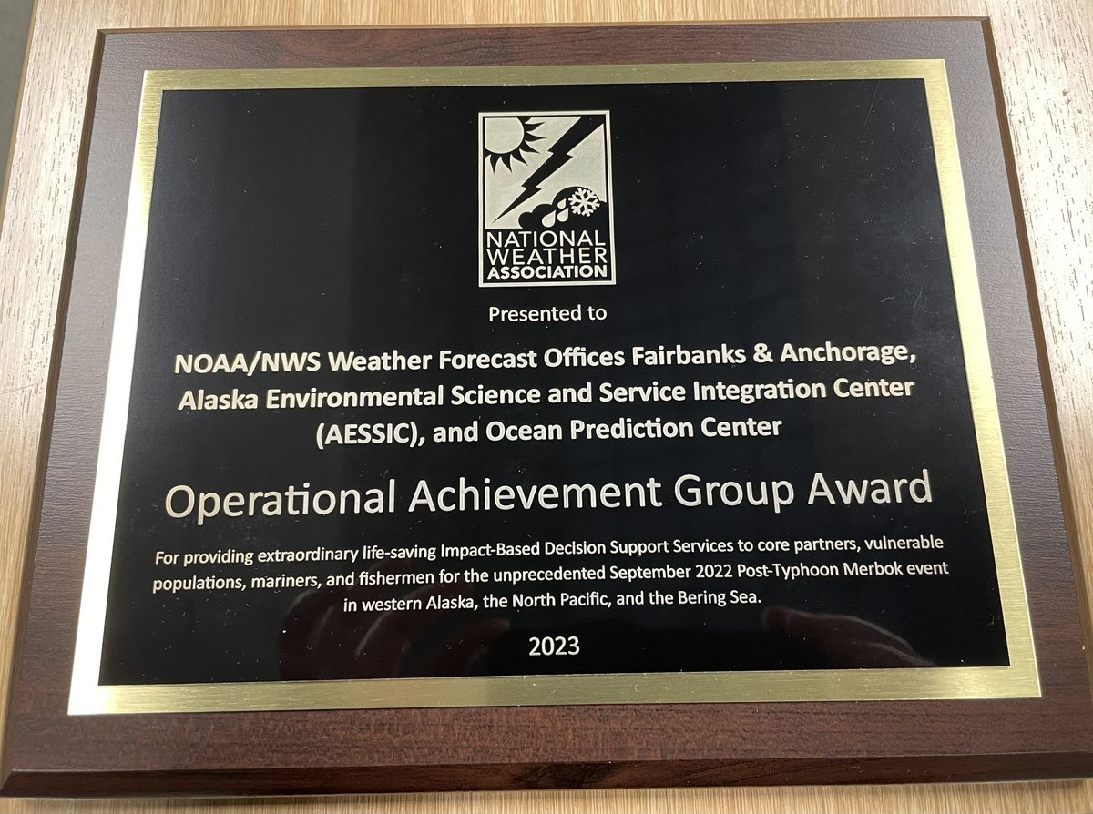 Our award from the National Weather Association arrived in Anchorage today! Any meteorologist can tell you that Post-Typhoon Merbok was an event that nobody could ever forget. #NWA2023