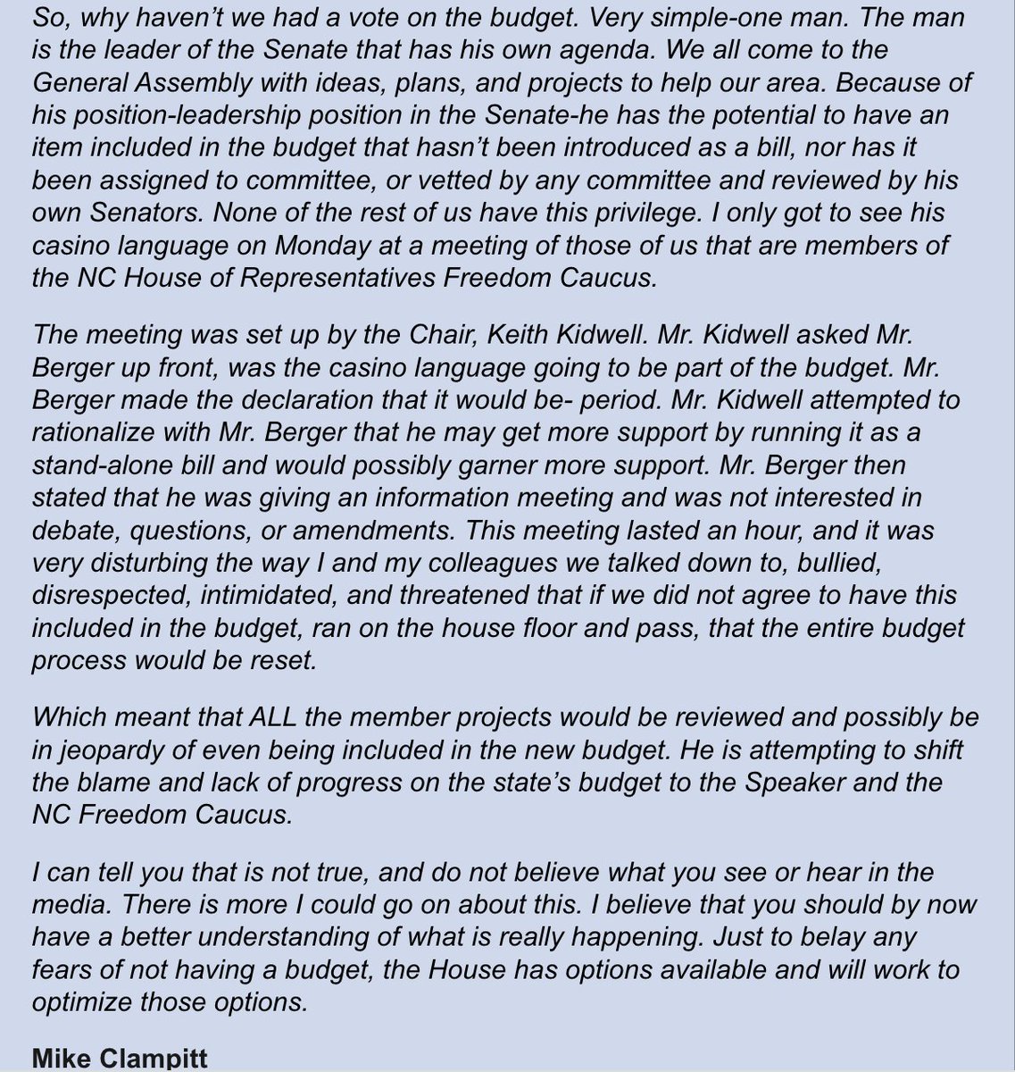 chriscooperwcu's tweet photo. Don't recall seeing a legislator take shots at a member of their own party in a constituent newsletter before.

-clip ⬇️ from NC119 Republican Mike Clampitt's constituent newsletter.

Should be an interesting few weeks in #ncpol https://t.co/0qd6T36Lua
