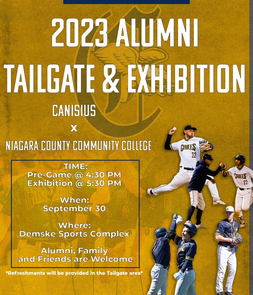 Our Alumni Tailgate and Opening Exhibition vs. <a href="/NiagaraTwolves/">SUNY NIAGARA BASEBALL</a> is coming soon!

Come out and have fun at the Demske on September 30th!

#Griffs