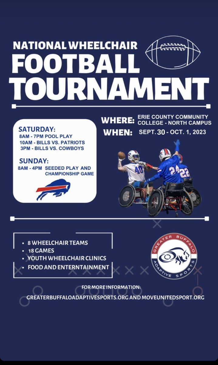 Join us for our 1st home football tournament. For more information on this event, you can go to moveunitedsport.org/usa-wheelchair… 
For exact location, roster, and schedule. #WheelchairFootball #AdaptiveSports #Football #Billsmafia #BuffaloBills #NFL