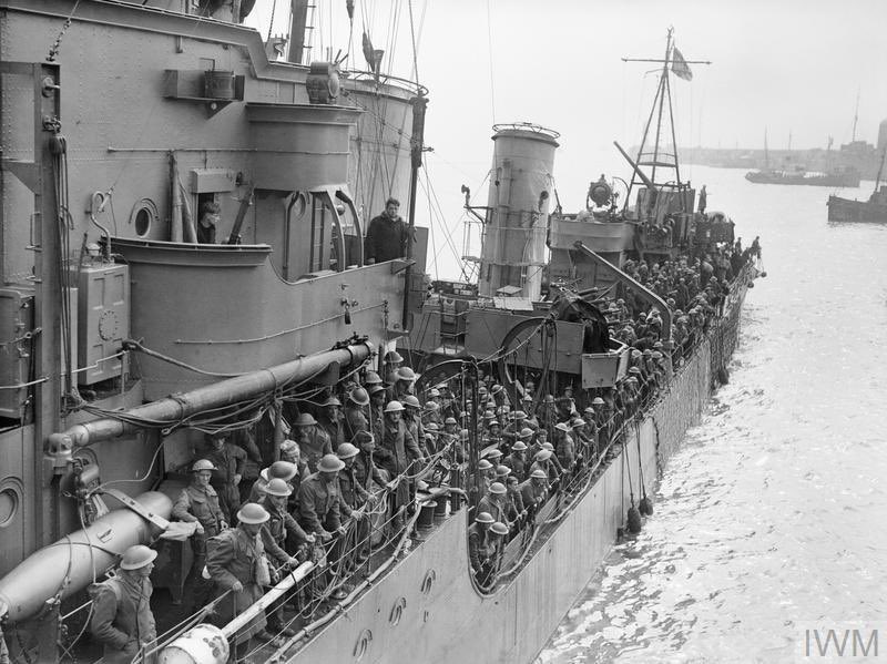 Operation Dynamo: Evacuated troops on a destroyer about to berth at Dover, 31 May 1940. (IWM: H 1637)