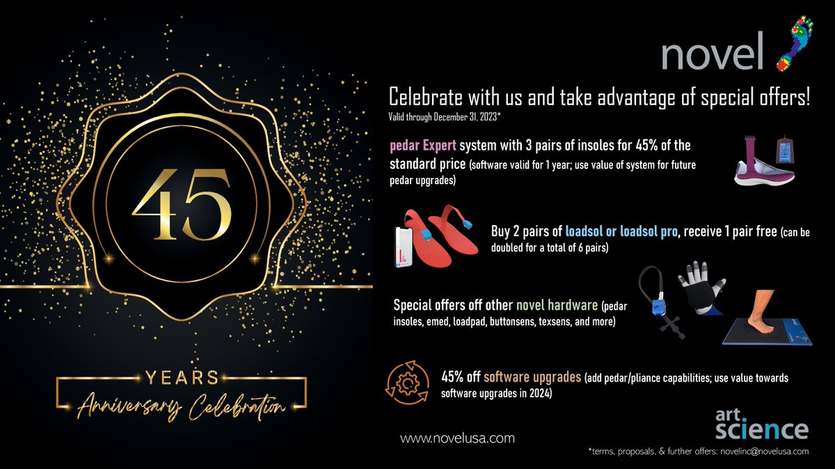 novel is excited to celebrate 45 years with the #biomechanics community. In honor of this occasion, we have special offers on #loadsol #loadpad #pedar #pliance and more! Learn more at novelusa.com/45years. Valid in North America. #forcemeasurement #pressuremeasurement