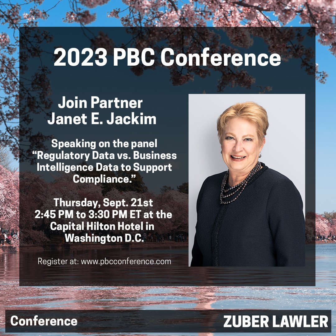 ZuberLawler's tweet image. Join #ZuberLawler Partner Janet Jackim speaking on the panel, &quot;#RegulatoryData vs. Business Intelligence Data to Support Compliance,&quot; the B2B conference for payments, #banking, &amp;amp; #compliance in the #cannabis industry.  Register @ pbcconference.com

#PBCconference