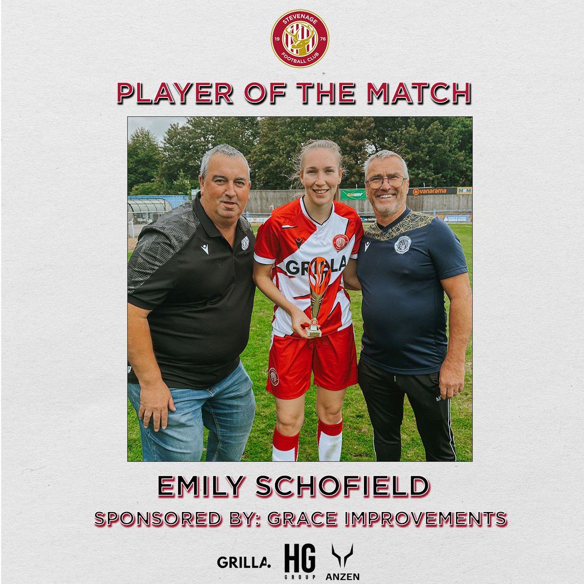 StevenageFCW's tweet photo. 🏆 𝙋𝙊𝙏𝙈  … congratulations to @emilyscho9 who was awarded player of the match in yesterday’s game. Schofe is proudly sponsored by Grace Improvements and our POTM award is sponsored by RNLJ Property Care - thank you for your fantastic support #TogetherForBoro 🔴⚪️ https://t.co/g1gb3ghfLe