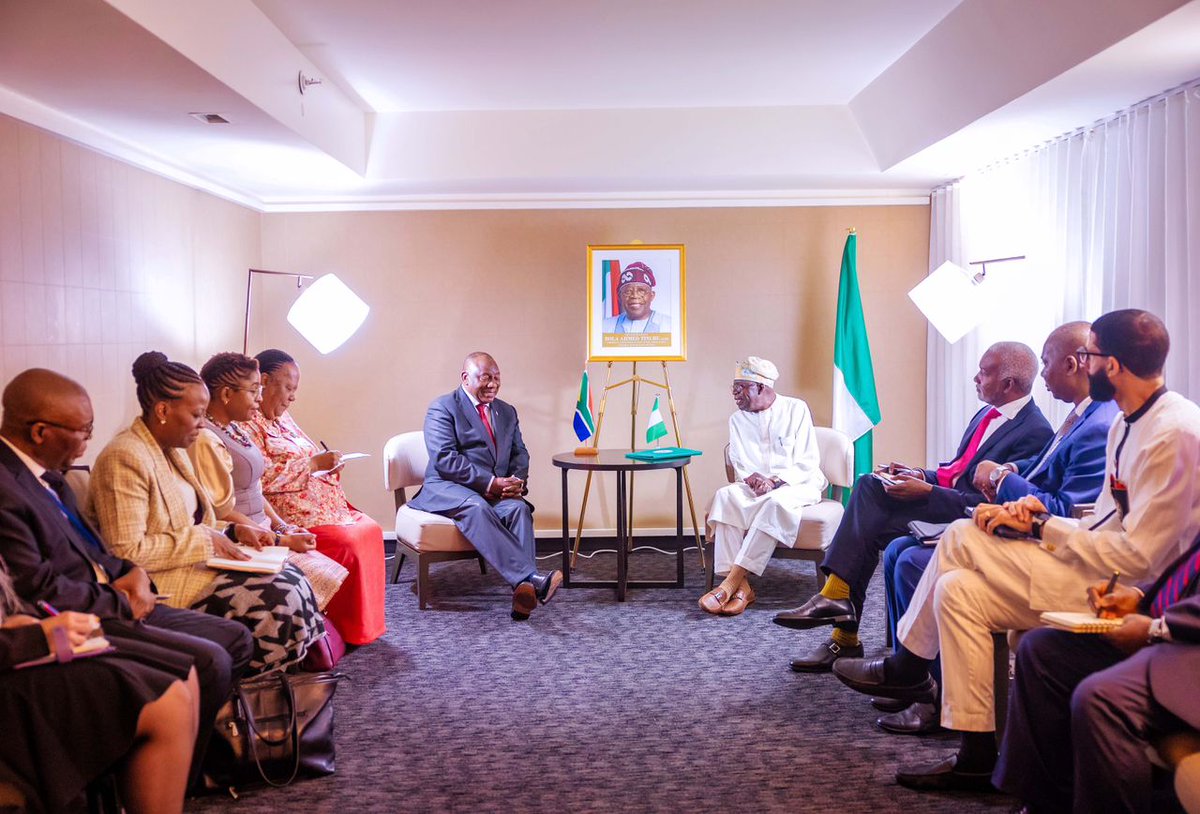 DOlusegun's tweet photo. STATE HOUSE PRESS RELEASE

PRESIDENT TINUBU ADVANCES STRONGER ECONOMIC TIES WITH SOUTH AFRICA; SEEKS REFORM OF BRETTON WOODS INSTITUTIONS TO STRENGTHEN ECONOMIC RESILIENCE OF DEVELOPING DEMOCRACIES

President Bola Tinubu has on Monday advanced his economic development diplomatic drive for investment attraction as he engaged extensively in a bilateral discussion with South African President, Cyril Ramaphosa, in New York City, ahead of the United Nations General Assembly.

President Tinubu asserted that Africa must have a consensus view that the hundreds of billions of dollars spent through International Development Finance Institutions over the years must meet the specific needs of developing democracies in Africa, even if it is done with exclusive regard for their own enlightened self-interest.

"During the end of the Second World War, the Marshall Plan was established for the reconstruction and economic restoration of European nations through Bretton Woods institutions. Where has this presence been for Africa? We have to be careful not to replace the broken shackle of yesterday with a new set of shackles. You can not have a stable democracy in the presence of a poverty of knowledge and a starvation of people. Democracy without food on the table is a breeding ground for what will consume us if care is not taken. We must join hands and agree that International Finance Institutions require reform as Africa is not to be a ground for economic scavenging any longer, but it is a place with gifted people that is ready for investment and cooperation.

"We have all the human and natural resources required between our nations. We can collaborate in a mutually beneficial way that enriches our populations. South African mining industries have a role to play in the Nigerian solid minerals development sector. Your business community has done well in Nigerian Telecommunications. We have great mineral wealth across our land, and you have good expertise in this area. We expect to deliver jobs and mutually beneficial results in this area as brother and sister countries," the President affirmed.

Referencing President Tinubu's quick implementation of what he called "brave" economic reforms, the South African President agreed that the two countries have much more wealth to create together in close and intentional partnership, with each nation leveraging on each other's respective strengths.

"We are two major economies on our continent, and it is important that we deepen economic ties, particularly in light of the African Continental Free Trade Agreement. We are very keen on the deepening of our economic relations," the South African President said.

The South African President emphasized that history has proven that Nigeria and South Africa can move the world on matters of mutual concern when the two nations operate on the same wavelength.

"We would love to see Nigeria and South Africa working closely together on a number of issues because whenever we join hands, we have made an impact globally through those joint positions. Together, we can move the global south forward. We are a continent that has been plundered. And wealthy nations made so much of it from us, and we must seek out partners who will help us to advance our own interests," the South African President emphasized.

Recognizing President Tinubu's effective stewardship as the Chairman of the ECOWAS Authority of Heads of State, the South African leader said that Southern Africa needed to emulate the solidarity being demonstrated in West Africa, following the Niger Crisis.

"We believe that we have a lot to learn from ECOWAS and its unity in reaching consensus positions on sub-regional matters. This is something we seek to emulate in the Southern African sub-region in view of events in Mozambique and other areas," President Ramaphosa said...