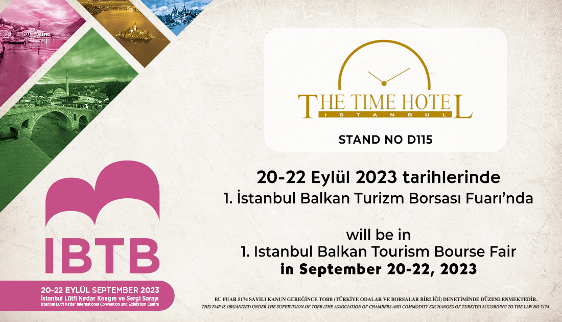 The Time Hotel 20-22 Eylül 2023 tarihlerinde 1.İstanbul Balkan Turizm Borsası Fuarı’nda.
 
The Time Hotel will be in 1st Istanbul Balkan Tourism Bourse Fair in September 20-22, 2023.

<a href="/TURSABFUARCILIK/">TÜRSAB Fuarcılık</a>
