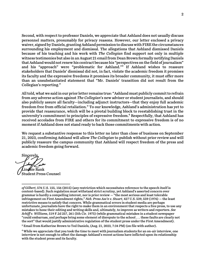 TheFIREorg's tweet photo. BREAKING: FIRE has written @Ashland_Univ after learning of admin efforts to require the student paper @AUCollegian to submit copies for official prior review and dismissing the paper’s advisor amid criticisms he was encouraging “too much investigative journalism.”