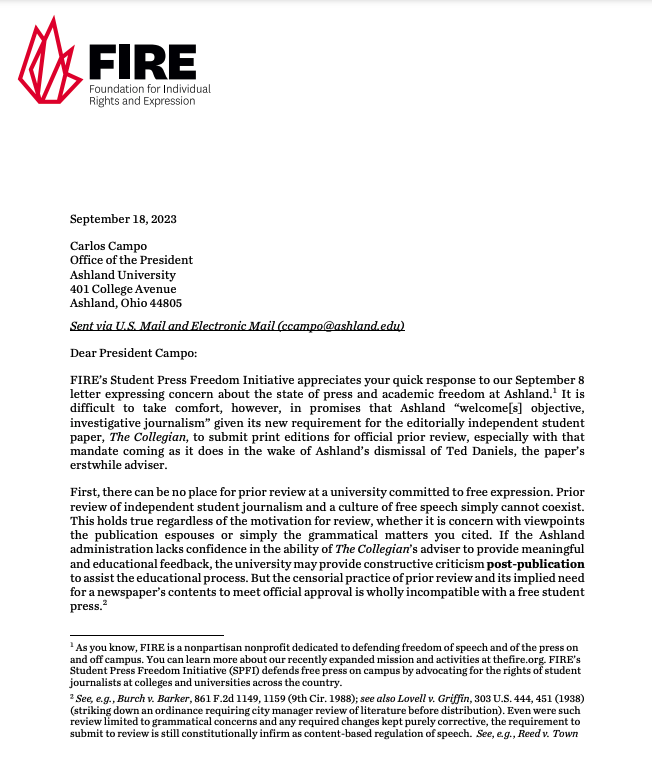 TheFIREorg's tweet photo. BREAKING: FIRE has written @Ashland_Univ after learning of admin efforts to require the student paper @AUCollegian to submit copies for official prior review and dismissing the paper’s advisor amid criticisms he was encouraging “too much investigative journalism.”