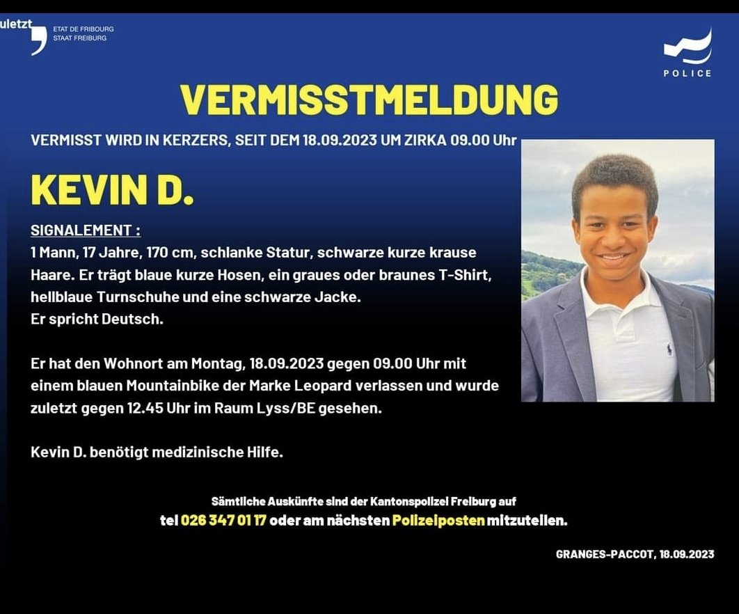 PoyaNews's tweet photo. #fribourg #missing #Freiburg #kerzers @PolCantFR https://t.co/M5VQEpPRDY