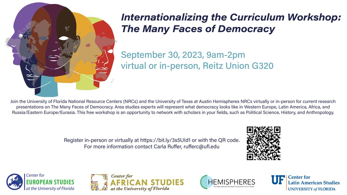 Join several #TitleVI National Resource Centers on Sep. 30 for a FREE workshop on "The Many Faces of Democracy". Area studies experts will present what democracy looks like around the world. Opportunity to network with scholars in your field! Register at: ufl.zoom.us/meeting/regist…
