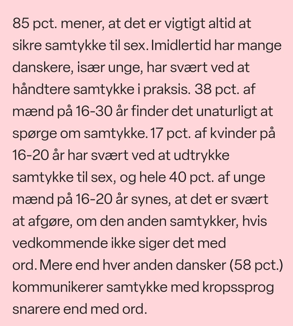 EspDanmark's tweet photo. "85 pct. mener, at det er vigtigt altid at sikre samtykke til sex."

Dvs at 15 % ikke mener det altid er vigtigt - så måske sker en del voldtægter ikke pga problemer med at forstå hinanden, men fordi nogen er ligeglade med #samtykke

https://t.co/ipu1KqLO08 https://t.co/vNMS4fBx4C