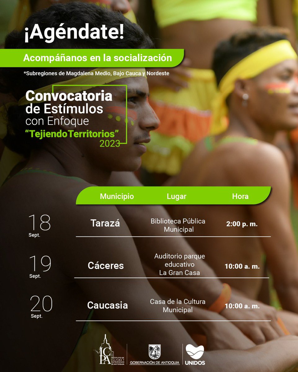 Culturantioquia's tweet photo. ➡️ Revisa la programación de esta semana de la socialización de la Convocatoria de Estímulos con Enfoque 2023 "Tejiendo territorios", busca la fecha en la que visitáremos tu municipio y acompáñanos, o comparte con tus amigos interesados.

#UNIDOSPorLaCultura https://t.co/8KIaFHaNcR
