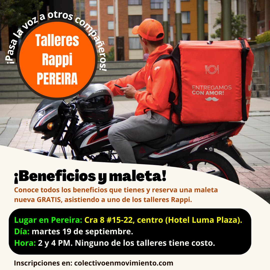 ColEnMovimiento's tweet photo. Un excelente inicio de semana para todos.  

Les compartimos los lugares de los próximos talleres Rappi en Pereira y Manizales (próximamente en más ciudades como Armenia) 🙌   

Aprovechen para conocer más sobre los beneficios y además reservar una maleta gratis.💪 https://t.co/NyJMgPd0zP