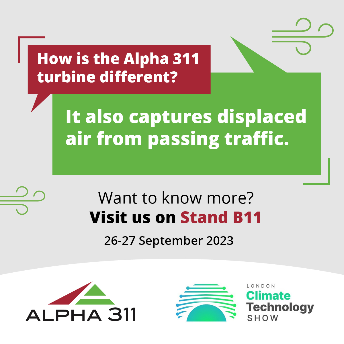 Alpha 311 (@311alpha) on Twitter photo Q. How is the Alpha 311 turbine different?
A. It captures airflow from passing traffic, not just wind.
Want to know more?
Visit us at the <a href="/ukclimatetech/">Climate Technology Show</a> Show on 26-27 September on stand B11.
#CTS23 #innovation #windenergy Q. How is the Alpha 311 turbine different?
A. It captures airflow from passing traffic, not just wind.
Want to know more?
Visit us at the <a href="/ukclimatetech/">Climate Technology Show</a> Show on 26-27 September on stand B11.
#CTS23 #innovation #windenergy