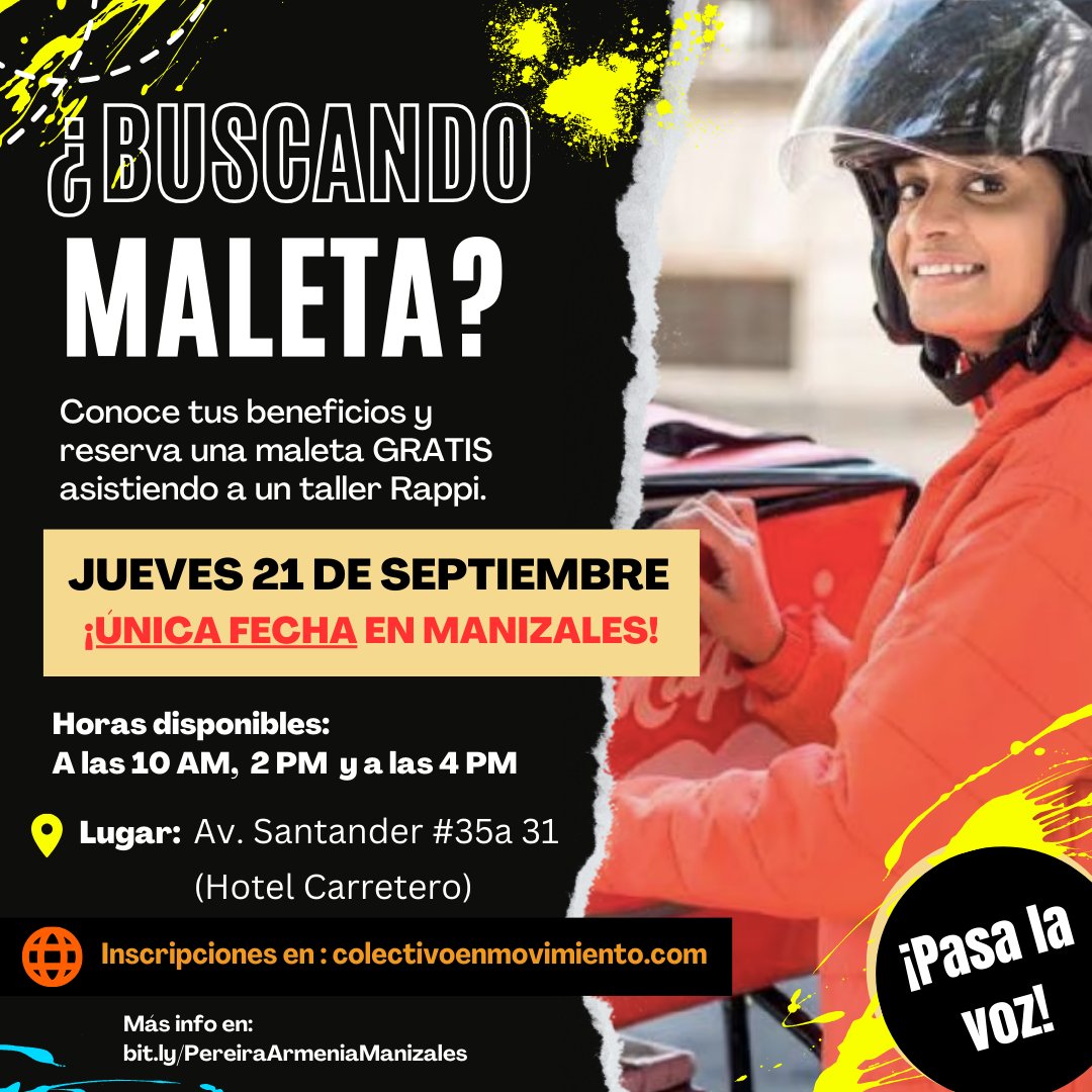 ColEnMovimiento's tweet photo. Un excelente inicio de semana para todos.  

Les compartimos los lugares de los próximos talleres Rappi en Pereira y Manizales (próximamente en más ciudades como Armenia) 🙌   

Aprovechen para conocer más sobre los beneficios y además reservar una maleta gratis.💪 https://t.co/NyJMgPd0zP