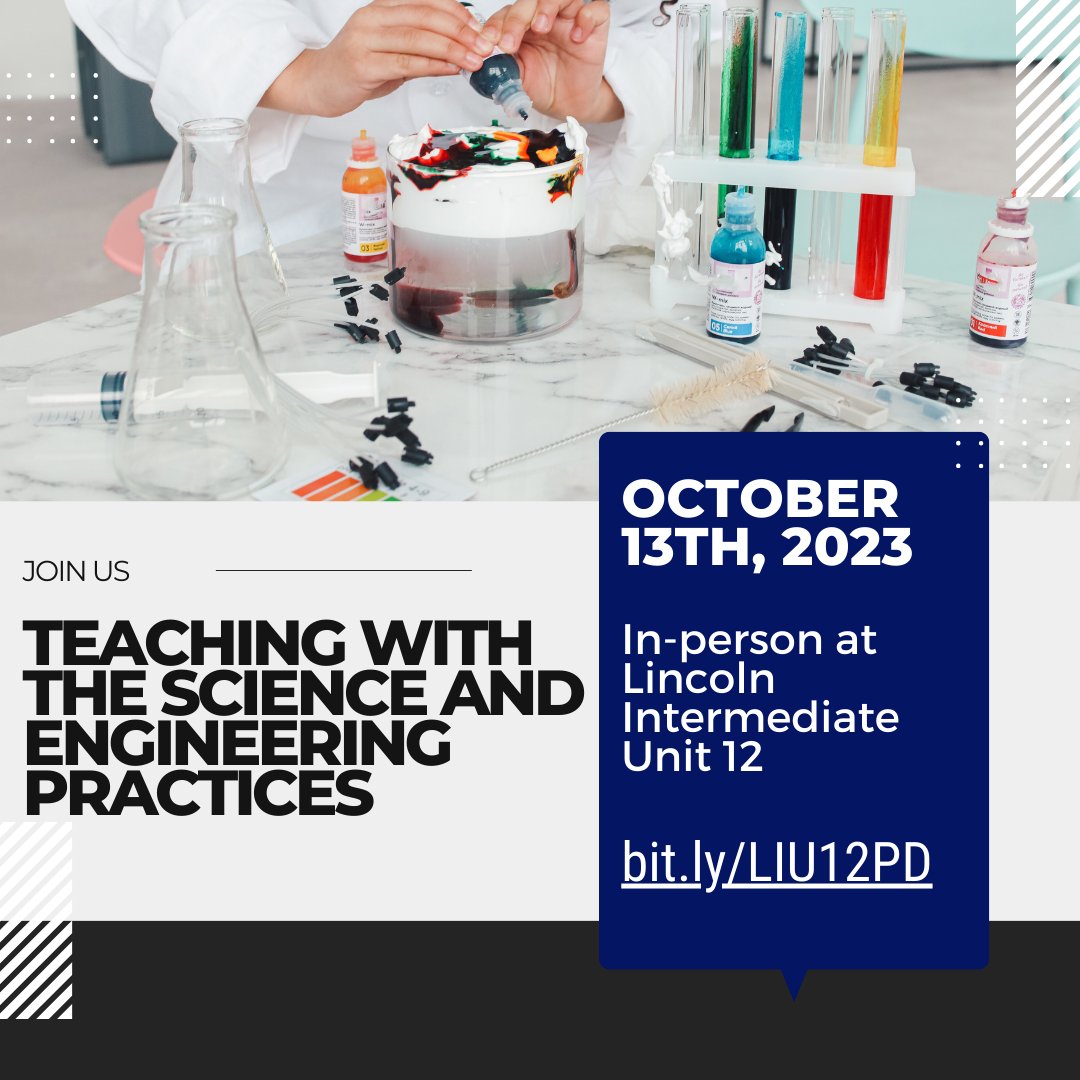 LIU12_STEM's tweet image. 🔭 Searching for more science pd? Check out our &quot;Teaching with the Science and Engineering Practices&quot; session on Oct 13 to gain more instructional strategies for engaging students in the Science and Engineering Practices.

Visit bit.ly/LIU12PD to learn more and register!