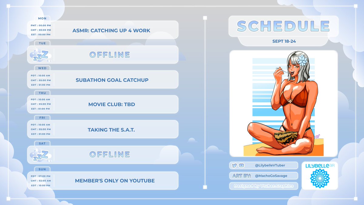 LilybelleVTuber's tweet image. 💙SEPT 18-24 💙

IT'S A SUBATHON GOAL WEEK 🥲
🎨: @MachoGoSavage

✈️Art and Assets: #LilybelleArtLine
✈️Fans: #FrequentFlyers