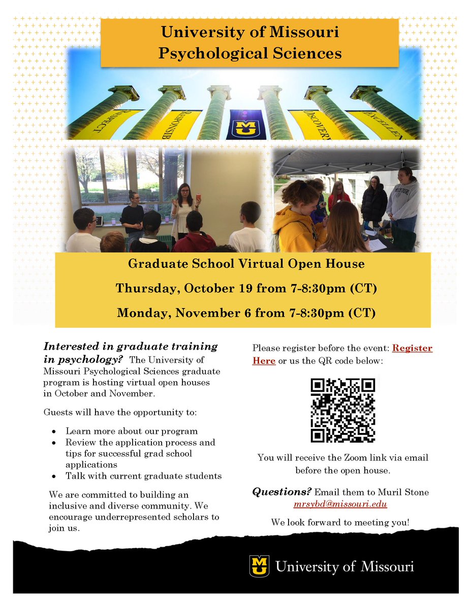 MU's psych dept is hosting an Open House for prospective graduate school applicants. Please share with students who might be interested in one of our graduate training programs in Clinical, Social/Personality, Developmental, Cognition/Neuroscience, or Quantitative Psychology.