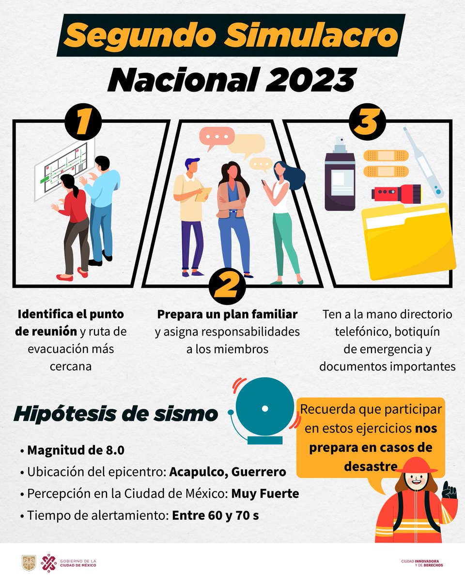 Recuerda que mañana se activará la Alerta Sísmica en las 16 alcaldías de la Ciudad de México con motivo del #2doSimulacroNacional2023 que se llevará a cabo a las 11:00 h. 🦺📣

Tu participación es importante para identificar qué hacer y cómo actuar en este tipo de escenarios. 🧐